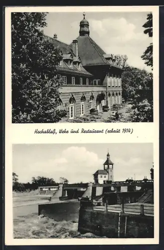 AK Augsburg, Hochablass, Wehr und Restaurant