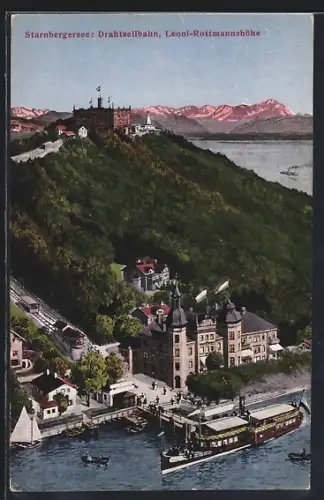 AK Leoni-Rottmannshöhe / Starnbergersee, Hotel mit Drahtseilbahn und Dampfer