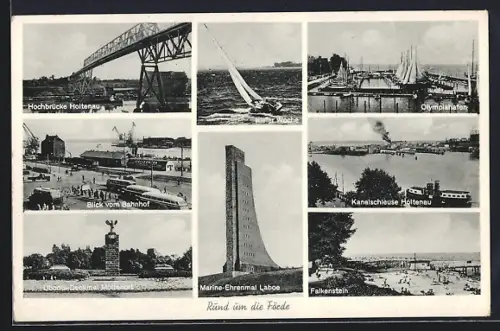AK Laboe, Marine Ehrenmal, Bahnhof, Hochbrücke Holtenau, U-Bootsdenkmal, Olympiahafen, Falkenstein, Kanalschleuse