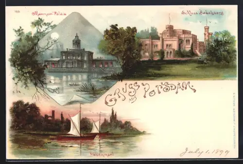 Lithographie Potsdam, Marmor-Palais, Schloss Babelsberg, Pfaueninsel