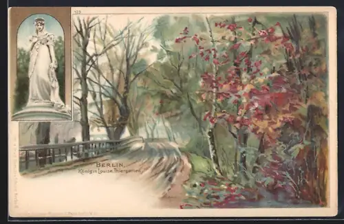 Lithographie Berlin-Tiergarten, Tiergarten u. Standbild Königin Louise