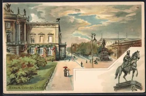 Lithographie Berlin, Unter den Linden mit Denkmal Friedrichs des Grossen