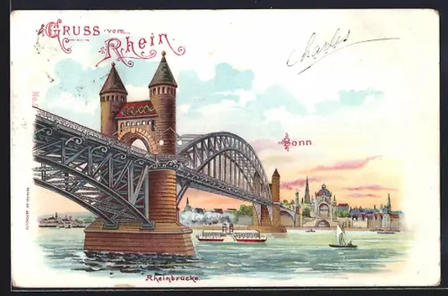 Lithographie Bonn, Partie an der Rheinbrücke