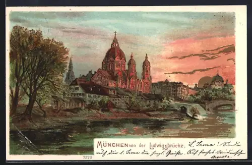 Lithographie München, Teilansicht mit Kirche von der Ludwigsbrücke aus