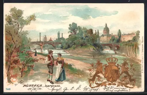Lithographie München, Spaziergänger am Isarstrand