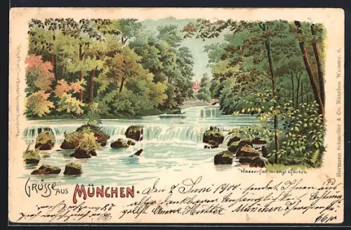 Lithographie München-Schwabing, Wasserfall im engl. Garten