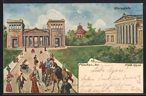 Künstler-AK München, Königsplatz mit Passanten