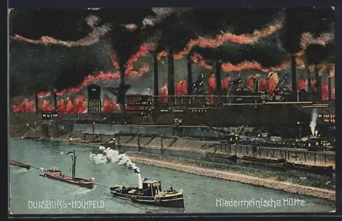 AK Duisburg-Hochfeld, Niederrheinische Hütte, Industrieanlagen und Schiffe bei Nacht