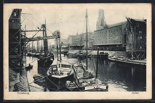 AK Duisburg, Hafen, Schiffe, Speichergebäude
