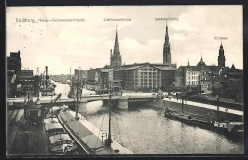 AK Duisburg, Hafen, Schwanentorbrücke, Liebfrauenkirche, Salvatorkirche, Rathaus