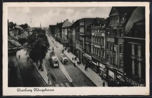 AK Duisburg, Königstrasse, Strassenbahn, Geschäftshäuser