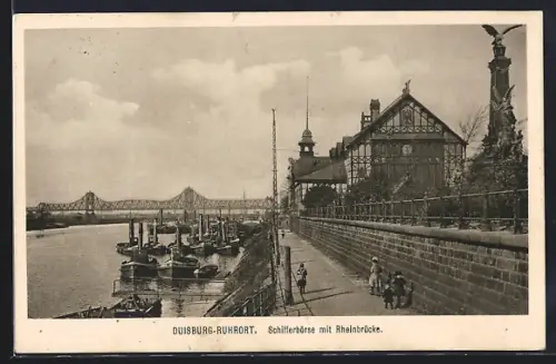 AK Duisburg-Ruhrort, Schifferbörse, Rheinbrücke