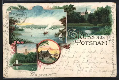 Lithographie Potsdam, Havelseen, Schloss, Gasthaus