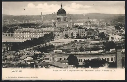 AK Potsdam, Panorama mit Langenbrücke und Denkmal Kaiser Wilhelm d. Gr
