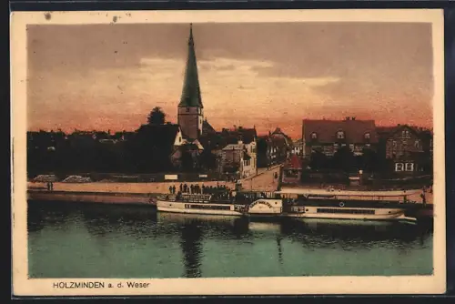 AK Holzminden a. d. Weser, Weserufer, Dampfschiff, Kirche