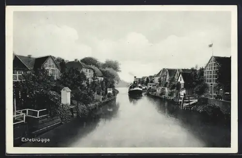 AK Estebrügge, Kanal mit Fachwerkhäusern und Dampfschiff