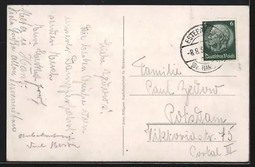 AK Estebrügge, Kanal mit Fachwerkhäusern und Dampfschiff