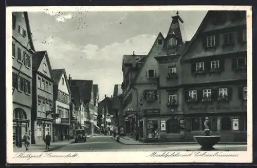 AK Stuttgart-Cannstatt, Marktplatz und Erbsenbrunnen, Gasthof zur Rose, Fachwerkhäuser