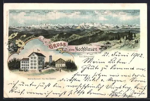 Lithographie Hochblauen /Bad Schwarzwald, Hotel & Pension, Bes. Xav. Stehlin, Alpenpanorama
