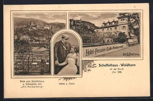 AK Scheffelhaus-Waldhorn ob der Bruck, Hotel-Pension-Café-Restaurant, Bes. G. Erst Wwe, Blick auf Schloss