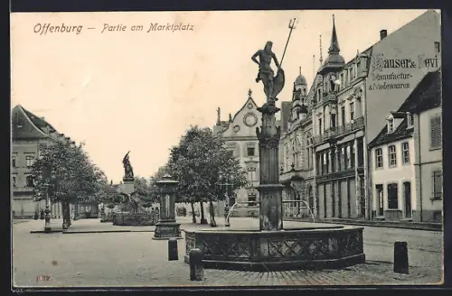 AK Offenburg, Marktplatz, Neptunbrunnen, Geschäftshaus Hauser & Levi