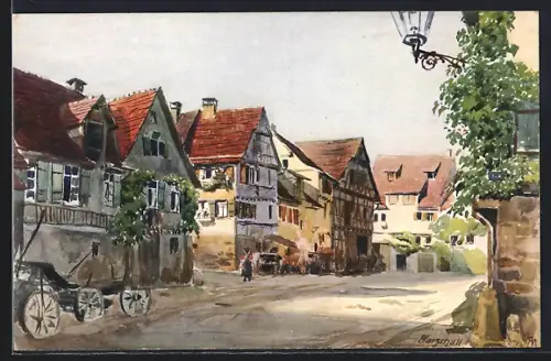 Künstler-AK Tübingen, Jakobsgasse, Fachwerkhäuser, Strassenansicht