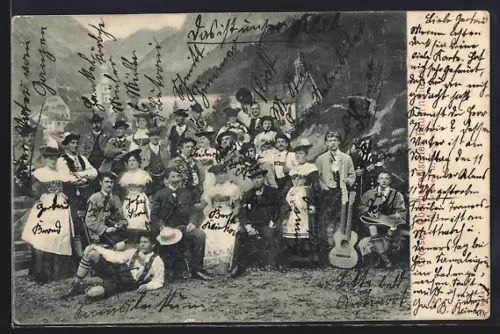 AK Tegernsee, Oberbayerisches Bauerntheater, Ensemble vor Bergkulisse