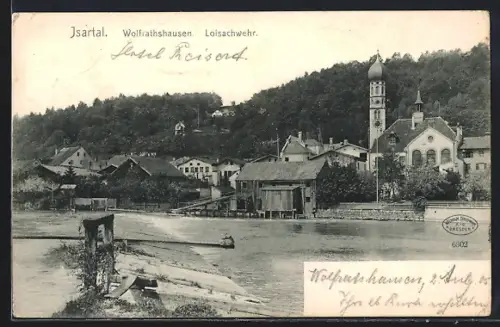 AK Wolfratshausen /Isartal, Loisachwehr, Kirche, Ortsansicht
