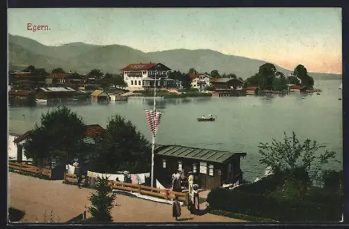 AK Egern, Seeufer, Bootshaus, Blick auf den Tegernsee