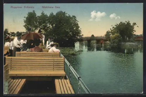 AK Molchow See /Ruppiner Schweiz, Ausflugsboot, Brücke, Seeufer