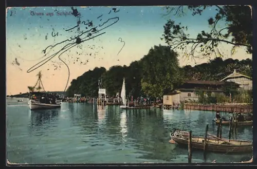 AK Berlin-Grunewald, Schildhorn, Schiffsanlegestelle, Boote, Flussufer