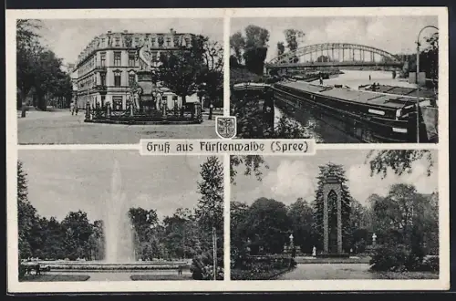 AK Fürstenwalde /Spree, Hotel, Brücke, Springbrunnen, Denkmal
