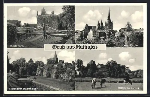 AK Ratingen, Dicker Turm, Kath. Kirche, alte Stadtmauer, Haus zu Haus