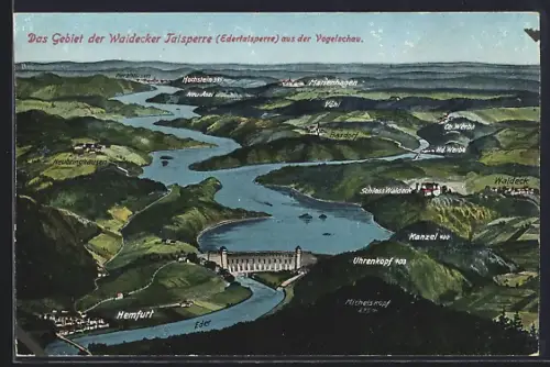Künstler-AK Hemfurt /Waldecker Talsperre, Landschaft aus der Vogelschau