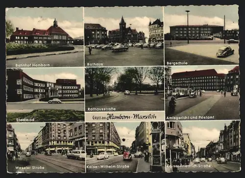 AK Hamborn-Marxloh, Bahnhof, Rathaus, Bergschule, Amtsgericht und Postamt, Stadtbad, Strassenansichten