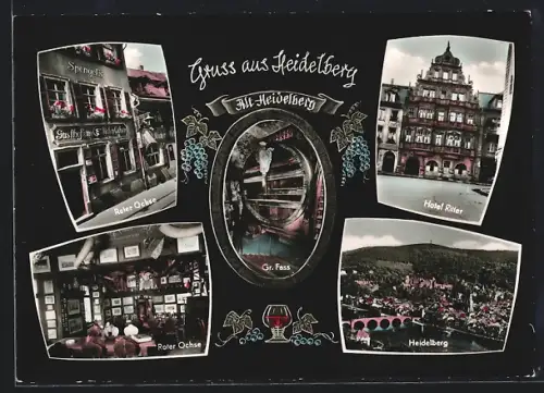 AK Heidelberg, Gasthof Roter Ochse, Hotel Ritter, Gr. Fass