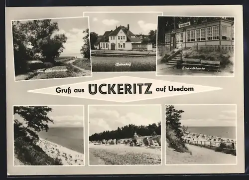 AK Ückeritz auf Usedom, Am Achterwasser, Bahnhof, Strandklause, Strand und Seebrücke