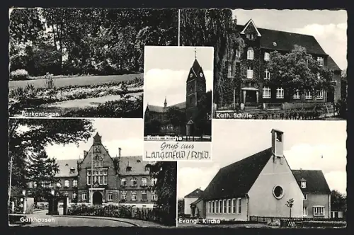 AK Langenfeld /Rhld., Parkanlagen, Kath. Schule, Galkhausen, Evangl. Kirche