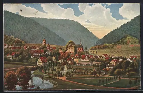 Künstler-AK Hirsau, Gesamtansicht, Fluss, Parkanlagen
