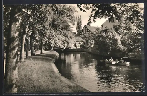 AK Perleberg, Stepnitz, Fachwerkhaus, Ruderboot