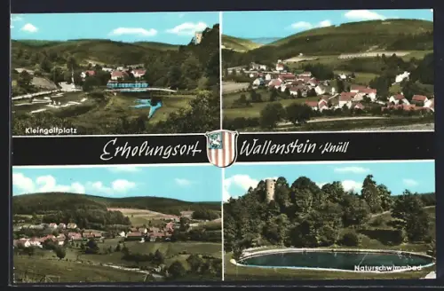 AK Wallenstein i. Knüll, Kleingolfplatz, Naturschwimmbad, Ortsansicht mit Burgruine