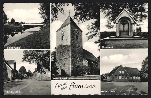 AK Einen / Ems, Volksschule, Ehrenmal und Emsbrücke