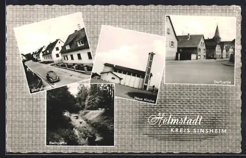 AK Helmstadt / Baden, Ortspartien an der Siedlung, Neue Kirche und Bach, Auto Volkswagen VW Käfer