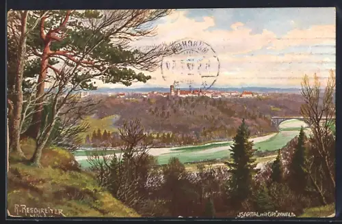 Künstler-AK Grünwald / München, Isartalblick mit Grünwald