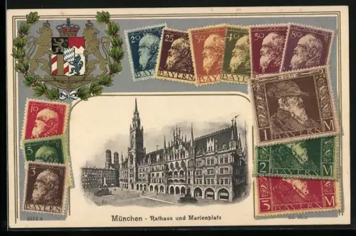 AK München, Rathaus, Marienplatz, bayerische Briefmarken, Wappen
