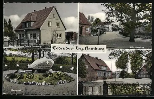 AK Todendorf /Hamburg, Geschäftshaus Friedr. Brunswig, Friedenseiche, Ehrenmal, Schule