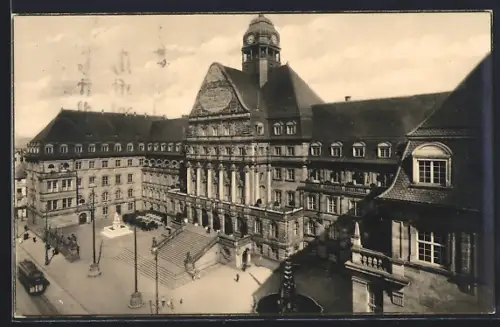 AK Kassel, Rathaus mit Vorplatz und Strassenbahn aus der Vogelschau