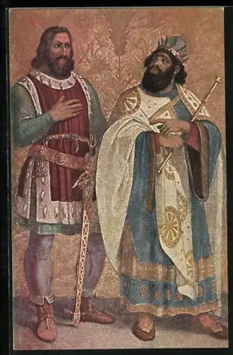 AK Nibelungen, König Etzel und Rüdiger v. Bechelaren Freskogemälde von Schnorr von Carolsfeld in der Residenz in München