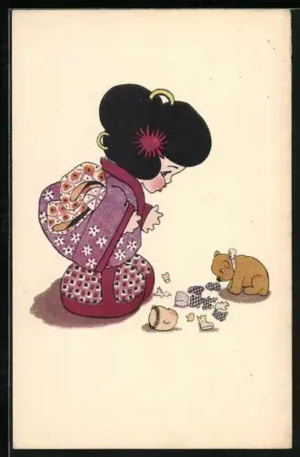 AK ein Mädchen als Geisha mit einer zerbrochenen Puppe und einem kleinen Hund