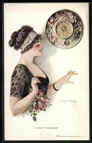 Künstler-AK F. Earl Christy: A sweet Surrender, Junge Dame und Wanduhr